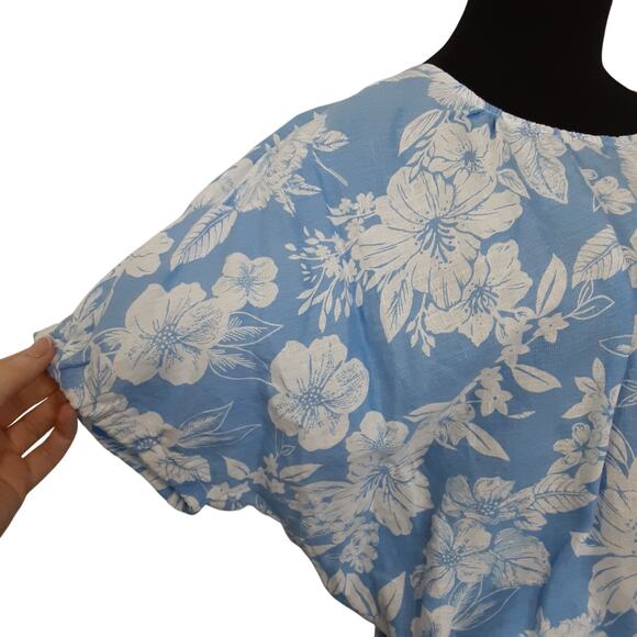 C&C California 100% Linen Maxi Skirt Set Blue Floral Crop Top Drop Shoulder Sz L - Picture 4 of 13